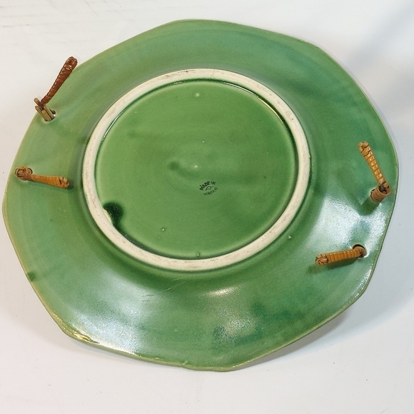 Vintage Rattan Handled Ceramic Plate Green and Fall Leaf Pattern Made In Japan - Picture 8 of 9